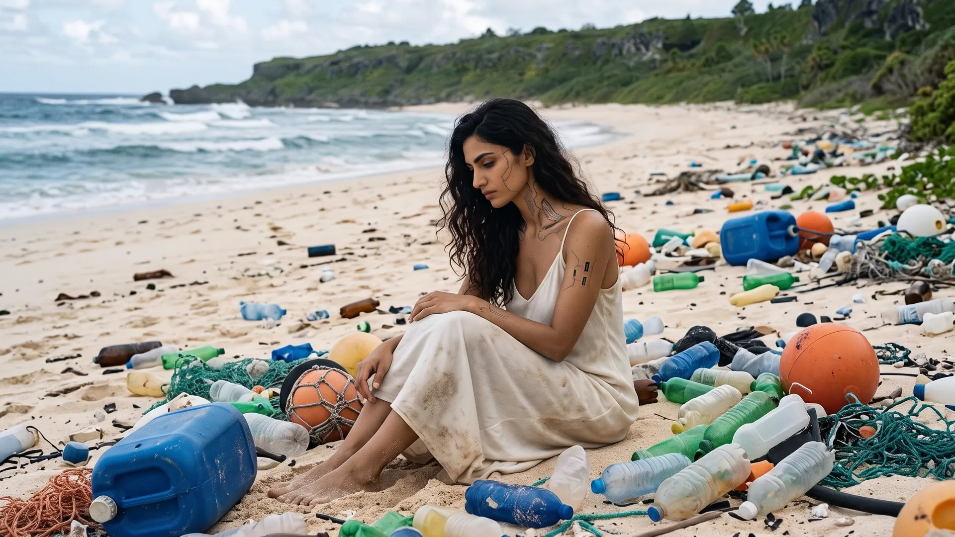 Calypso sitzt am Strand von Henderson Island zwischen angespültem Plastikmüll